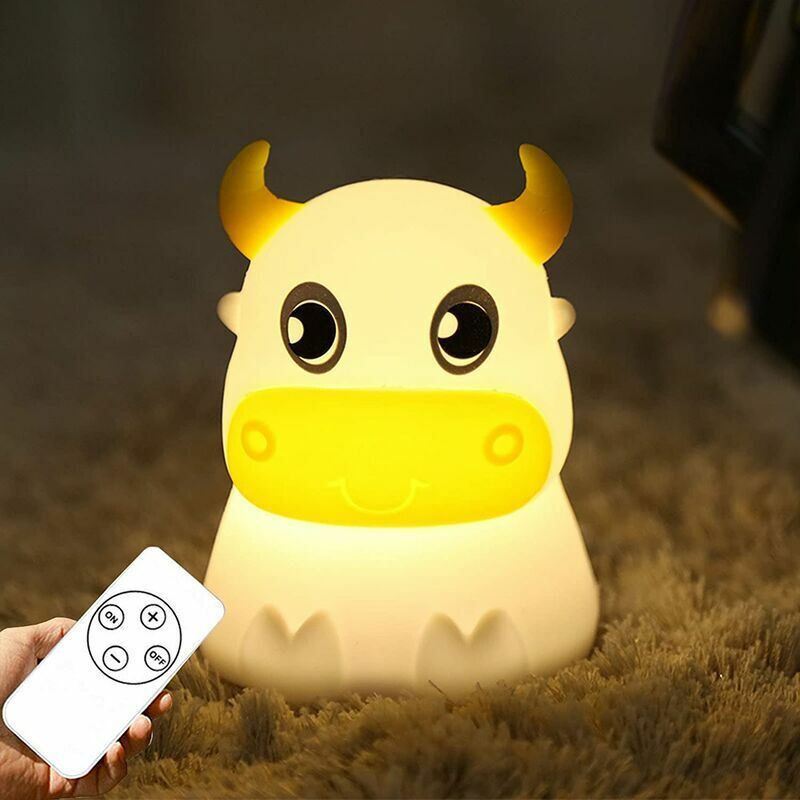 Veilleuse pour enfants Portable Tap Control Lampe de veilleuse rechargeable Couleur changeante Télécommande Silicone Mignon Animal Vache Lampe de