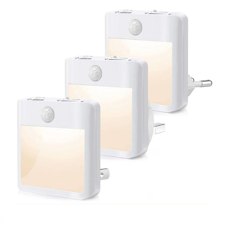 Csparkv - Veilleuse Prise Electrique, [Lot de 3] Veilleuse avec Détecteur de Mouvement (ON/AUTO/OFF)65x65x53(mm), Veilleuse led Dimmable 3500K Blanc