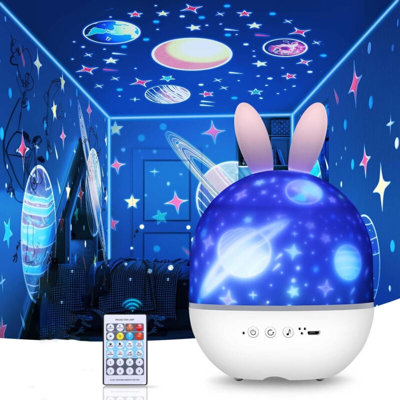 SNQ - Veilleuse Projecteur pour Enfants, Dimmable Star Projecteur avec 6 Films, 360° Rotation Bébé led Boîte à Musique Projecteur Veilleuse avec