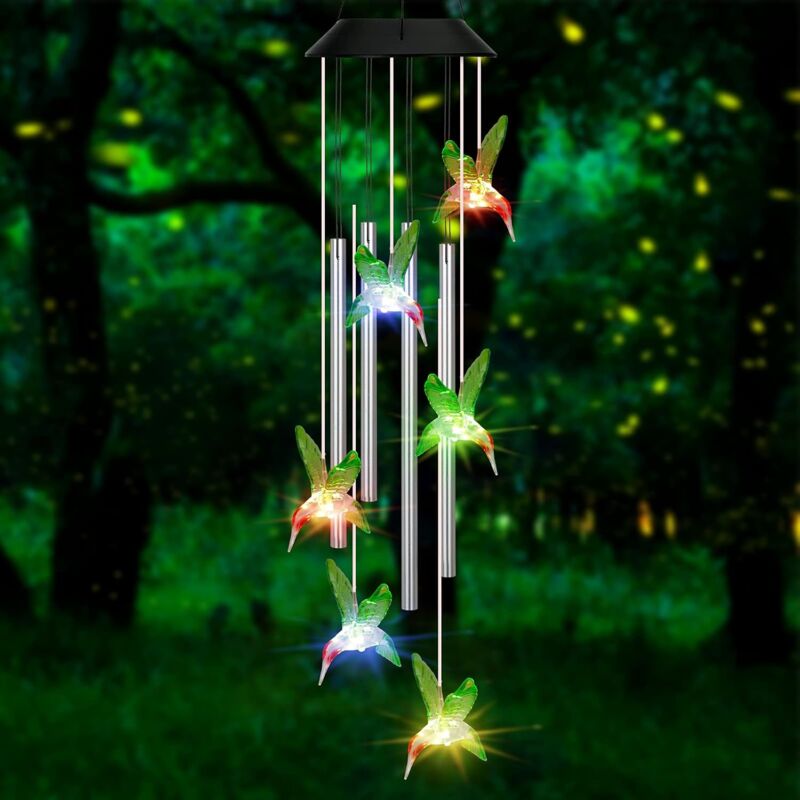 Yuit - Veilleuse Solaire Carillon à Vent, Exterieur Changement de Couleur led Colibri Carillons éoliens de Tubes en Aluminium, pour Cadeau Femme