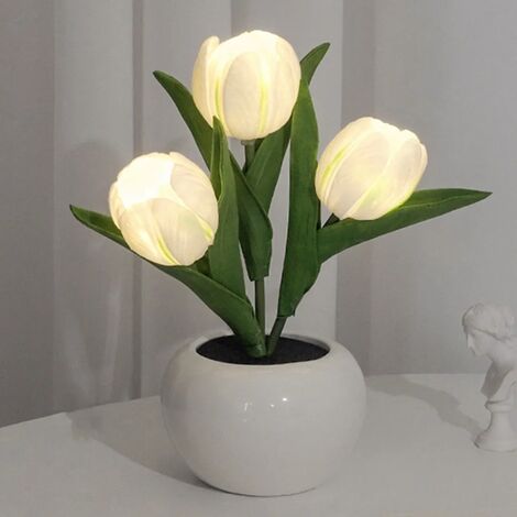 COLNK Veilleuse tulipe LED avec vase en céramique, lampes de table LED simulation tulipe LED, lampe tulipe, lampe de bureau décorative