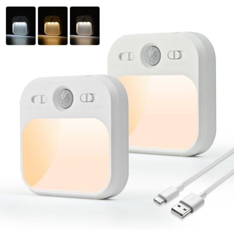 Veilleuses avec détecteur de mouvement - Lot de 2 - Veilleuses LED rechargeables USB-C - Luminosité réglable - 3 modes (auto/arrêt/marche) - Lumière blanche chaude - Lampe d'intérieur avec capteur