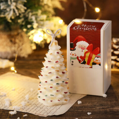 Vela aromática navideña  Vela con forma de árbol de Navidad en forma de estrella  Cera de soja  Diámetro 5 cm, Altura 9,5 cm, 85 g  Blanca y roja  1 vela con forma de árbol de Navidad