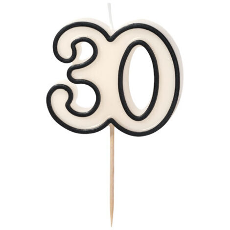 Vela de cumpleaños '30', treinta, blanco y negro, 5,5 cm