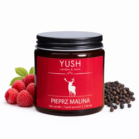 Vela de soja con aroma a pimienta y frambuesa, 100% cera de soja - Yush - 120 ml