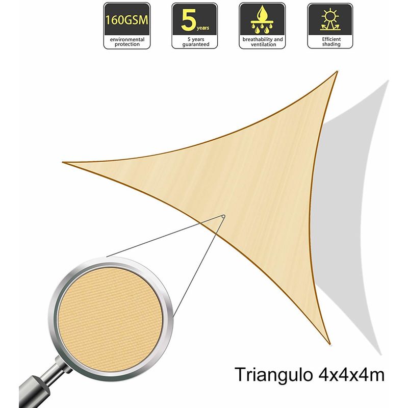 

Vela de Sombra Triangular 4 x 4 x 4 Metros, toldo Resistente e Impermeable, para Exteriores, jardín, Color Arena