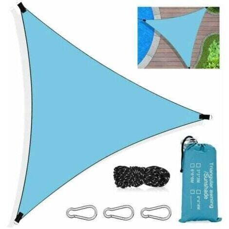 Vela de sombra triangular, impermeable, con protección UV, incluye cuerda, mosquetón y bolsa de almacenamiento para patio, jardín, terraza o piscina exterior (azul).