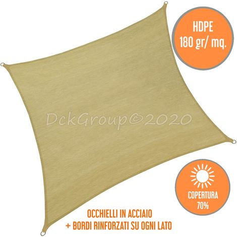 Vela Ombreggiante Quadrata Ecru' 3,6x3,6 mt Ombra Tenda Parasole Giardino Esterno Rinforzata  mt 3,6 X 3,6 QUADRATA ECRU'