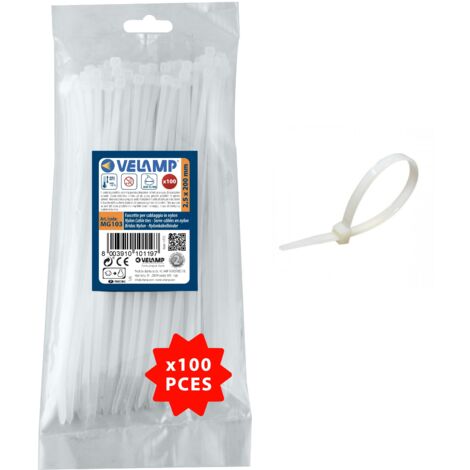 Velamp Fascette stringicavo - Colore bianco - 2,5 x 200mm - Confezione 100pz - Ideali per cablaggi elettrici