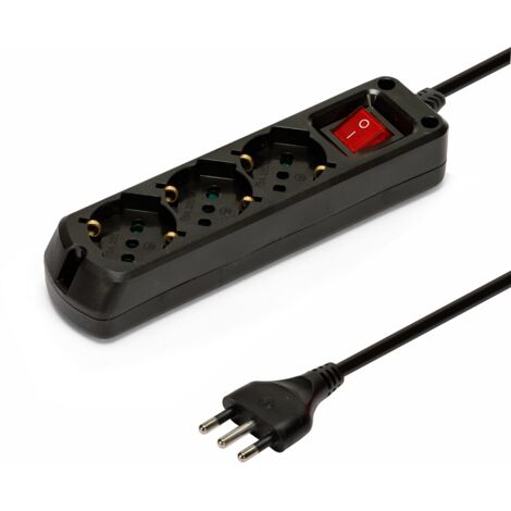 Velamp Multipresa - 3 Prese Polivalenti (Schuko + 10/16A) - Spina Grande 16A - Interruttore Luminoso – Colore Nero