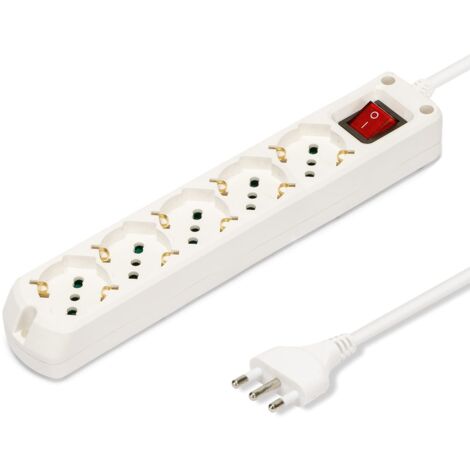 Velamp Multipresa - 5 Prese Polivalenti (Schuko + 10/16A) - Spina Grande 16A - Interruttore Luminoso – Colore Bianco