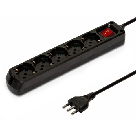 Velamp Multipresa - 5 Prese Polivalenti (Schuko + 10/16A) - Spina Grande 16A - Interruttore Luminoso – Colore Nero