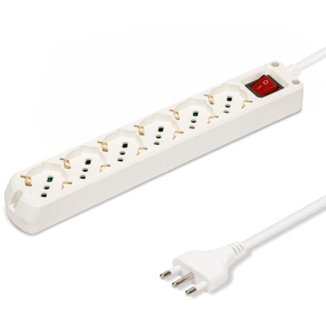 Velamp Multipresa - 6 Prese Polivalenti (Schuko + 10/16A) - Spina Grande 16A - Interruttore Luminoso – Colore Bianco