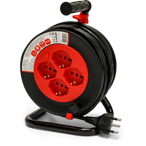 Velamp Prolunga Elettrica con Avvolgicavo 15mt - 4 Prese Polivalenti (Schuko + 10/16A) - Spina Grande 16A - Interruttore di Protezione – Cavo elettrico multipolare 3G Sezione 1,5 mm²
