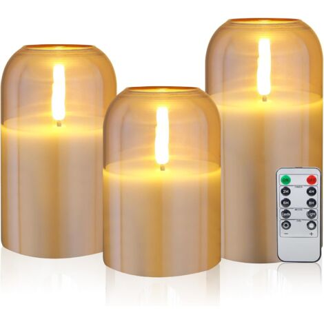 Velas LED de cera real con control remoto, temporizador, parafina, sin llama, a pilas, doradas (paquete de 3)