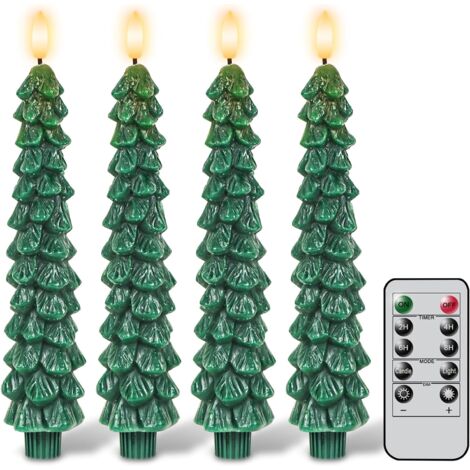 Velas navideñas sin llama con temporizador remoto, velas navideñas LED con llama 3D, 4 candelabros LED verdes para decoración navideña del hogar (0,78" x 9,8")