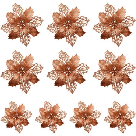 VELATEMOR 10 Stück 9 cm künstliche Weihnachtsblumen, schwarzer Glitzer-Weihnachtsstern für Hochzeits- und Partykranzdekoration Schwarz (Bronze)