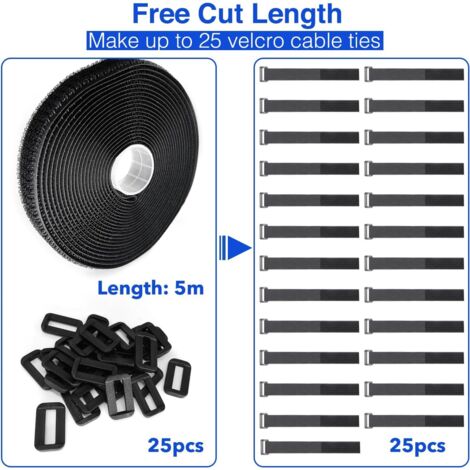 Velcro, 5 m x 2,5 cm, velcro de 25 bucles, cierre de velcro, bridas ajustables, rompibles y reutilizables para cables, cuerdas, mangueras, bridas de velcro extrafuertes