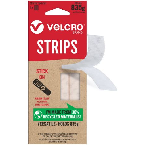 VELCRO Strisce adesive ecologiche, senza viti, resistenti e autoadesive, perfette per decorare la stanza e la casa, l'ufficio, il garage, colore bianco, 20 mm x 64 mm, set da 8