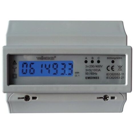 Velleman – Compteur kWh triphasé 3 x 230/380V – Courant 10(100)A – Classe de précision 1.0 – LCD rétroéclairé pour suivi consommation - RI4979