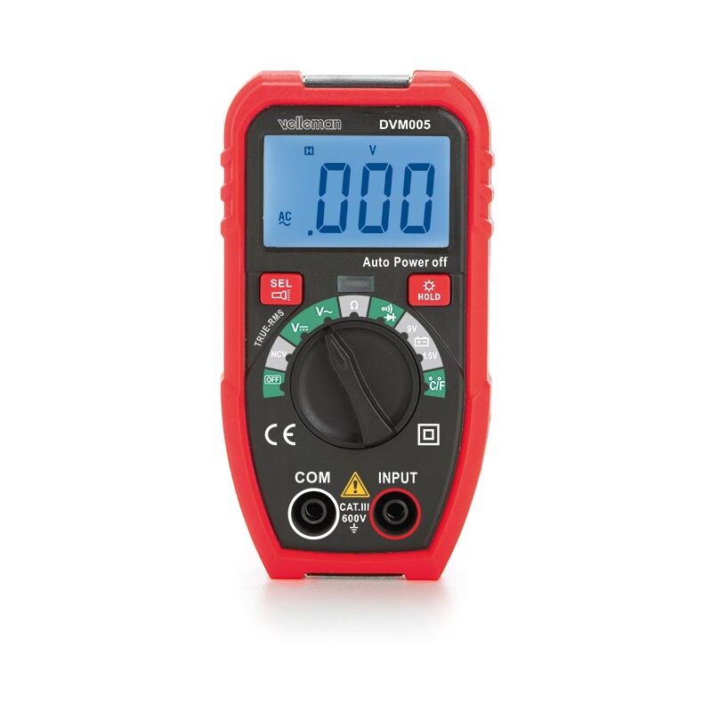 Velleman Multímetro digital, pantalla LCD, CAT III/600 V, apto para medir voltaje CA/CC, resistencia, temperatura, transistores, diodos y