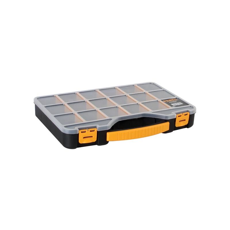 Perel Caja de almacenamiento, máx. 20 compartimentos, 16 separadores, transparente, cubierta apilable, 415 x 286 x 61 mm, negro/amarillo