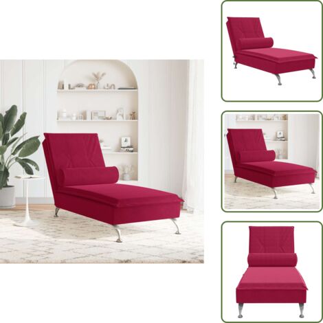 Velluto - vidaXL Chaise Longue Massaggi con Cuscino a Rullo Rosso Vino Velluto - Schiuma