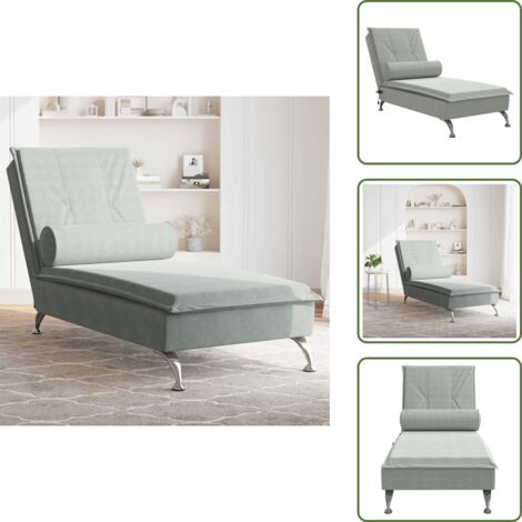 Velluto - vidaXL Chaise Longue Massaggi Cuscino a Rullo Grigio Chiaro in Velluto - Schiuma