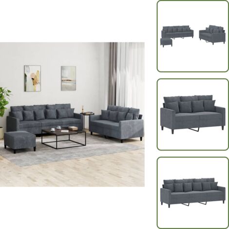 Velluto - vidaXL Set di Divani 3 pz con Cuscini Grigio Scuro in Velluto - Poggiapiedi