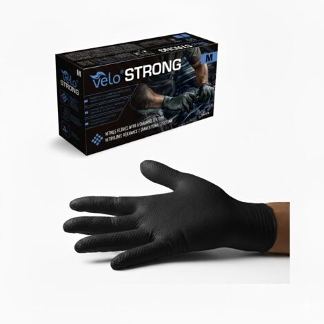 VELO "M" STRONG Negro - Guantes de nitrilo con textura de diamante, paquete de 50 unidades