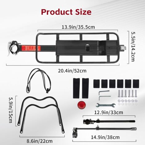 Vélo Porte-Bagage, Universel Réglable Transporteur Porte-Bagages Arrière de Vélo, Installation Rapide avec Réflecteur, Alliage d'Aluminium Vélo Racks, Charge Maximale 100 kg