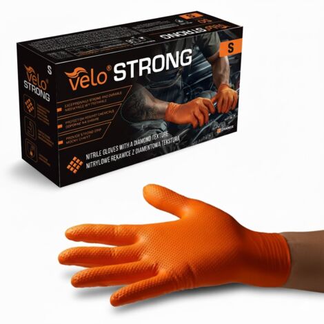 VELO "S" STRONG - Guantes de nitrilo con textura de diamante, naranja STRONG, paquete de 50