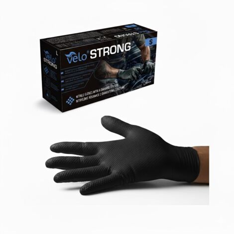 VELO "S" STRONG Negro - Guantes de nitrilo con textura de diamante, paquete de 50 unidades