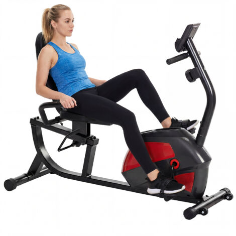 Vélo stationnaire dossier, 8 niveaux résistance, volant, siège réglable, écran LCD, support