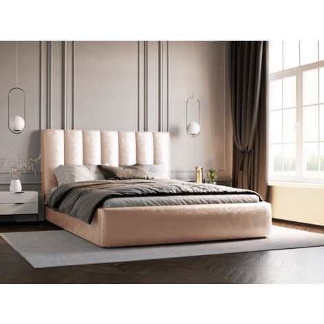 Velor Polsterbett mit Bettkasten, Doppelbett 140x200, Samtstoff - Polsterbett Beige (Ikoo 01)