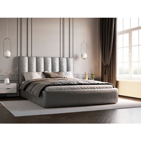 Velor Polsterbett mit Bettkasten, Doppelbett 160x200, Samtstoff - Polsterbett Hellgrau (Ikoo 19)
