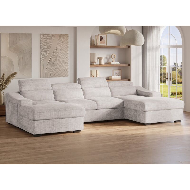 Deco In Paris - velora - Canapé panoramique convertible avec 2 coffres en velours chiné beige velora