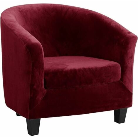 Velours Housse de Fauteuil Club Ensemble de Deux Pièces Extensible Salon Cabriolet Tub Chair avec Housse de Coussin (Vin Rouge)
