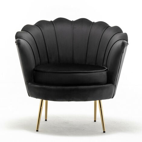 Velvet Accent Chair Leisure Armchair Shell Chair with Gold Metal Legs in Black - Black