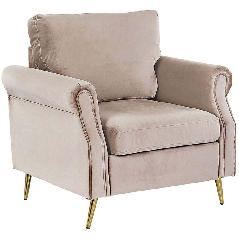 Beliani - Velvet Fabric Armchair Taupe Upholstery Gold Metal Legs Retro Glam Vietas