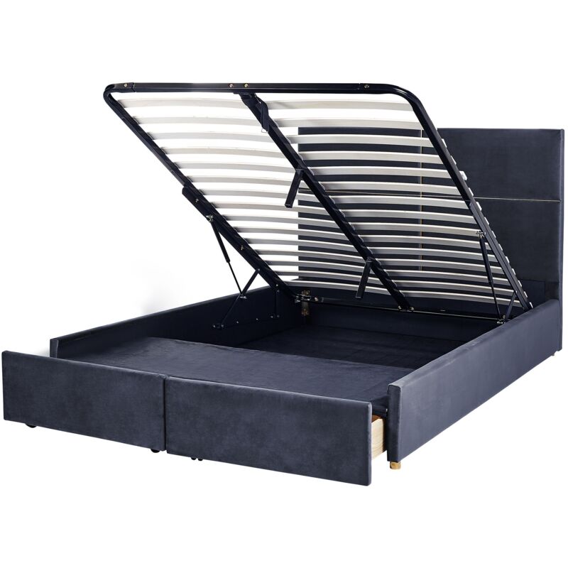 Beliani - Velvet Bed Frame Eu King Size With Storage 5ft3 Black Slatted Base Vernoyes
