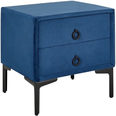 Velvet Bedside Table Nightstand Blue 2 Storage Drawers Black Metal Legs Sezanne