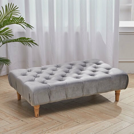 Velvet Buttoned Footstool with Wood Legs, Grey