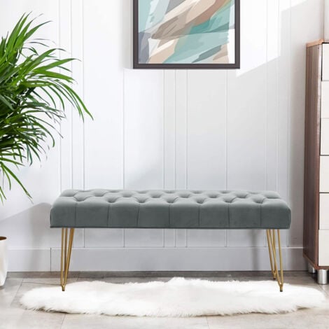 Velvet Buttoned Ottoman Footstool Gold Chrome Legs,Grey