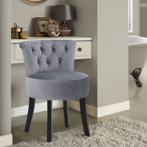 Velvet Buttoned Wing Back Vanity Stool Black Wooden Legs, Grey