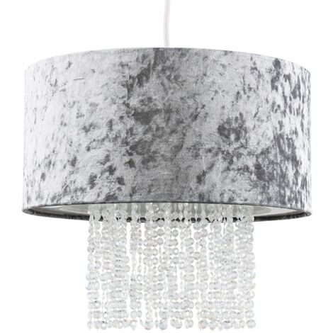 Boland Silver Velvet Cylinder Ceiling Pendant Light Shade with Clear Acrylic Droplets
