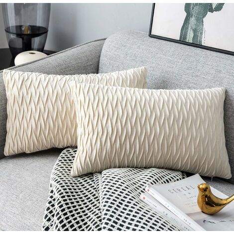 Velvet Cushion Covers 30x50cm for Living Room Sofa, Set of 2 Plain Pattern Square Cushion Covers Bedroom Decoration,White