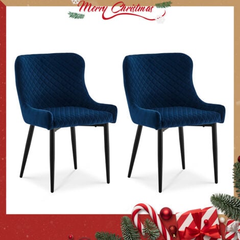 CLIPOP 2 X Velvet Dining Chairs, Upholstered Kitchen Leisure Chairs with Metal Legs Accent Chair, Blue