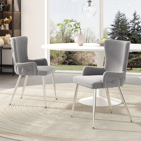 Velvet Dining & Lounge Chair - Luxurious Upholstered Armchair with Silver Metal Legs for Living Room & Bedroom  Set of 2, Grey