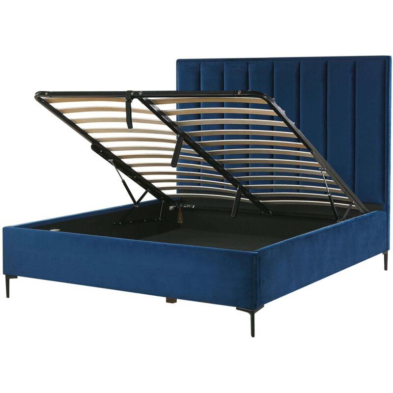 Beliani Velvet Eu Double Size Bed Frame 4ft6 Navy Blue Ottoman Storage Sezanne